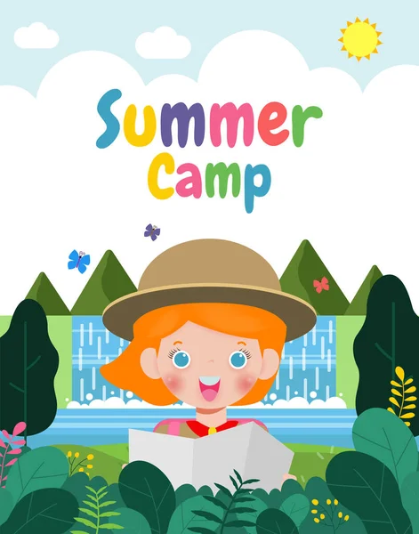 Summer Camp Banner Template Background Kids Wear Scout Honor Uniform — Vector de stock