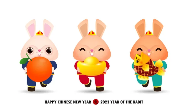 Feliz Ano Novo Chinês 2023 Banner Pequeno Coelho Bonito Segurando — Vetor de Stock