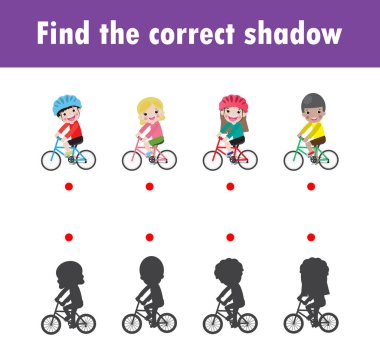 Doğru gölgeyi bul. Çocuklar için eğitici oyun, çocuklar için Gölge Eşleştirme Oyunu, çocuklar için görsel oyun. Noktaları birleştir, Eğitim Vektörü İllüstrasyonu.