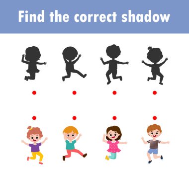 Doğru gölgeyi bul. Çocuklar için eğitici oyun, çocuklar için Gölge Eşleştirme Oyunu, çocuklar için görsel oyun. Noktaları birleştir, Eğitim Vektörü İllüstrasyonu.