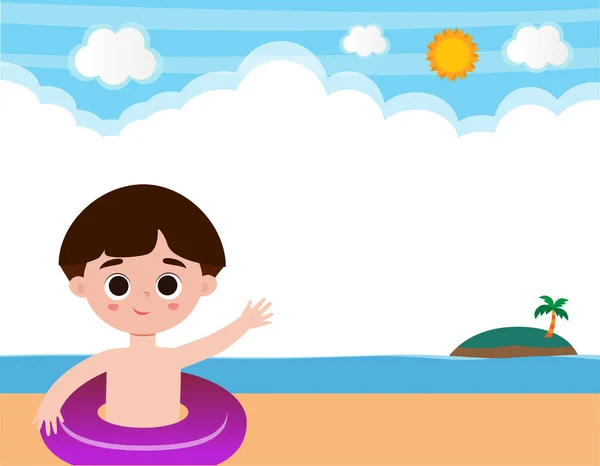 Hello Summer Banner Template Cute Kids Beach Children Cartoon Isolated — Vetor de Stock