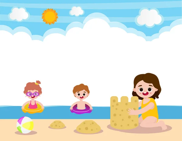 Hello Summer Banner Template Cute Kids Beach Children Cartoon Isolated — Image vectorielle
