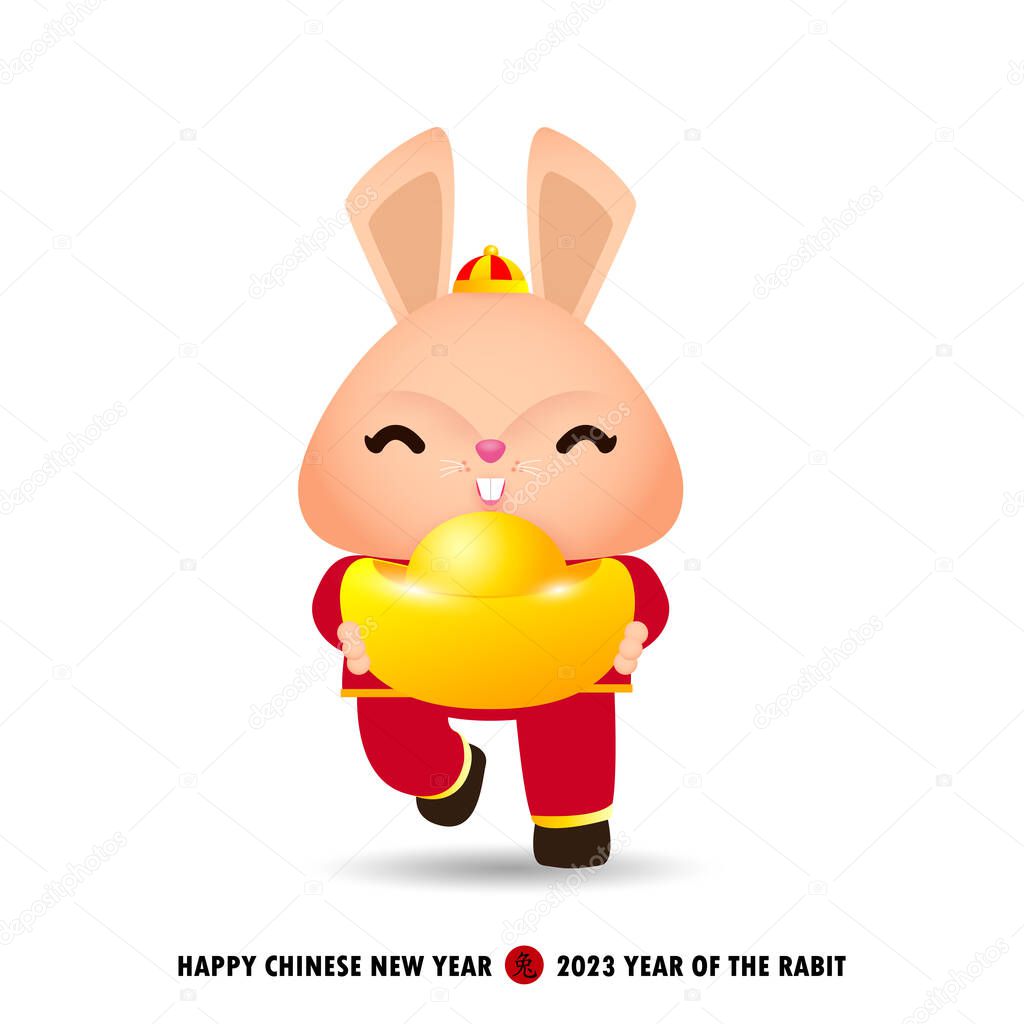 Happy Chinese new year 2023 greeting card, Cute Little rabbit holding chinese gold Ingots, year of the rabbit zodiac, gong xi fa cai, Cartoon isolated background vector illustration Translation rabbit