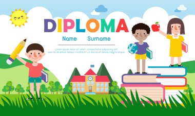 Çocuklar için düz stil diploması, anaokulu ve ilkokul sertifikası, ilkokul öncesi, arka plan vektör ilüstrasyonunda izole edilmiş.