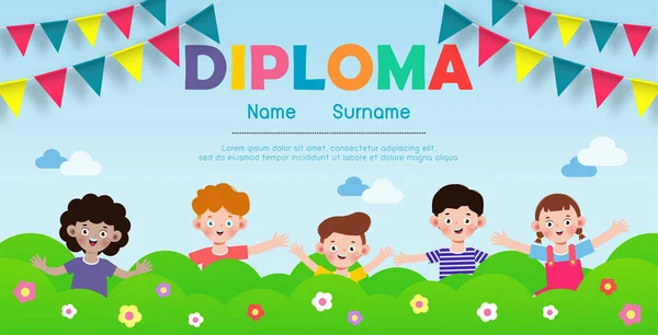 Modelo Diploma Para Crianças Estilo Plano Certificados Jardim Infância Elementar —  Vetores de Stock