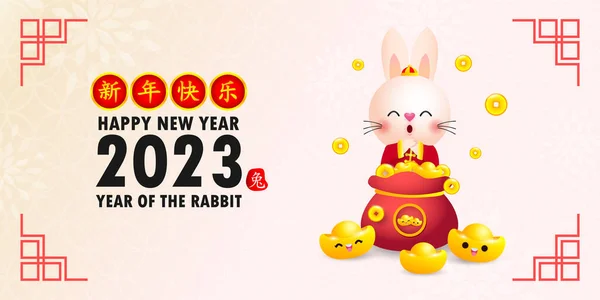 Feliz Año Nuevo Chino 2023 Tarjeta Felicitación Lindo Conejito Bolsa — Vector de stock