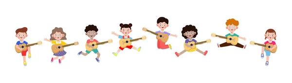 かわいい子供たちがギターを弾いて幸せな子供たちがギターを弾いています 音楽演奏 白い背景のアイソレートベクトルイラスト 漫画のフラットスタイルで — ストックベクタ