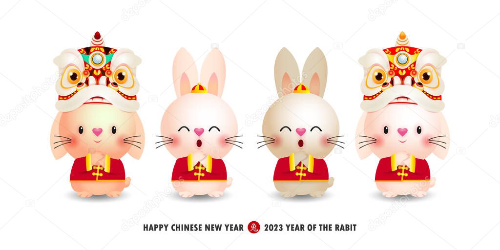 Happy Chinese new year 2023 with group little rabbit greeting gong xi fa cai, the year of the rabbit zodiac, calendar, cute Cartoon isolated white background vector illustration, Translation rabbit