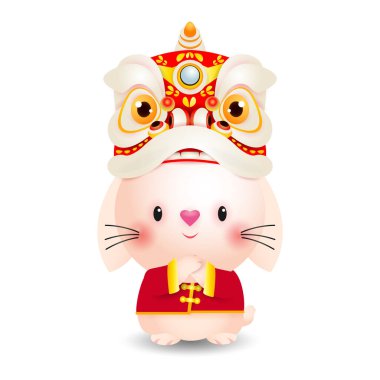 Mutlu Çin yeni yılı 2023 tebrik kartı, tavşan burcunun yılı, aslan danslı küçük tavşan selamı, gong xi fa cai, takvim, çizgi film izole edilmiş beyaz arka plan çizimi