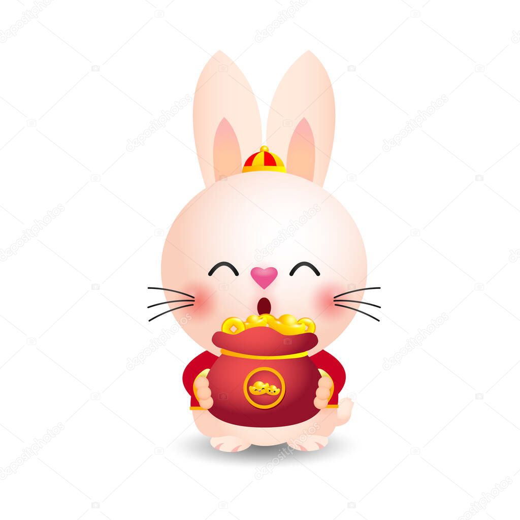 2023 Chinese new year, little rabbit holding bag of gold,  year of the rabbit zodiac of Animal lucks, gong xi fa cai, Cartoon vector illustration isolated on white background.
