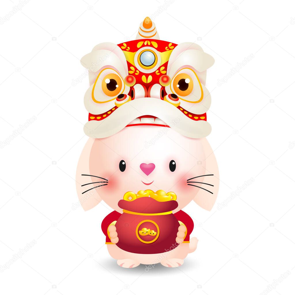 2023 Chinese new year, little rabbit with lion dance holding bag of gold,  year of the rabbit zodiac of Animal lucks, gong xi fa cai, Cartoon vector illustration isolated on white background.