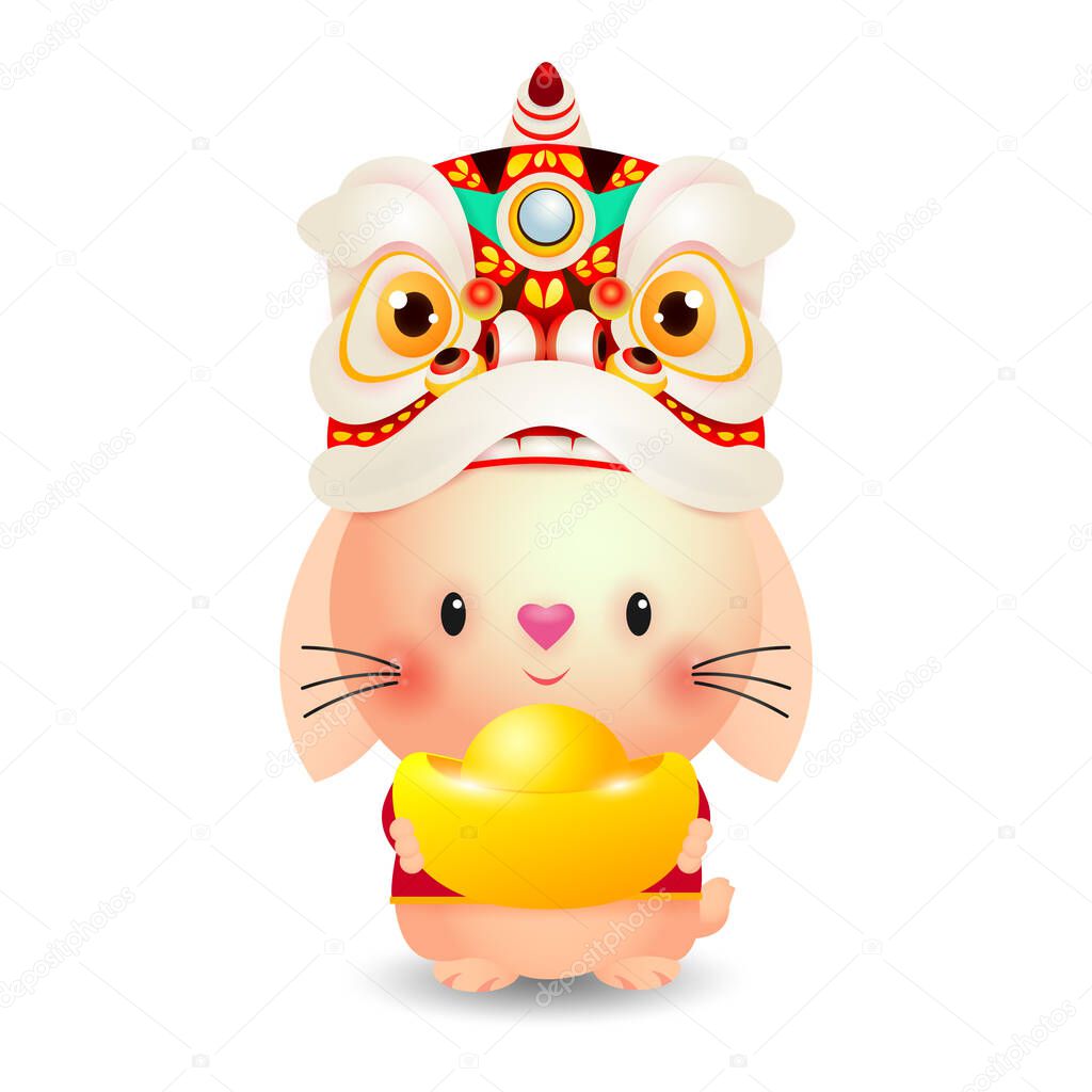 Happy Chinese new year 2023 greeting card, Cute Little rabbit and lion dance holding chinese gold Ingots, year of the rabbit zodiac, Little bunny gong xi fa cai, Cartoon isolated white background
