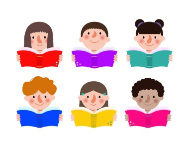 Çocuk Eğitimi Vektör İllüstrasyonu, Çocuk Okuma Kitabı beyaz arka planda izole edilmiş