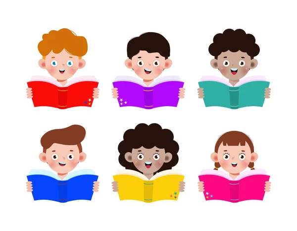 Векторная Иллюстрация Набор Детей Образование Дети Чтение Книги Изолированы Белом — стоковый вектор