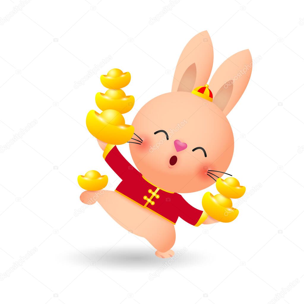 Happy Chinese new year 2023 greeting card, Cute Little rabbit holding chinese gold Ingots, year of the rabbit zodiac, gong xi fa cai, Little bunny Cartoon isolated white background vector illustration