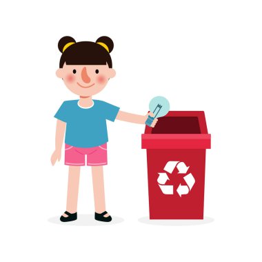 Çocuk geri dönüşüm için çöp topluyor, çöpleri ayırıyor, çöpleri geri dönüştürüyor, dünyayı kurtarıyor, beyaz arka planda izole edilmiş vektör ilüstrasyonunda geri dönüşüm yapıyor.