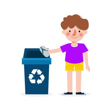 Çocuk geri dönüşüm için çöp topluyor, çöpleri ayırıyor, çöpleri geri dönüştürüyor, dünyayı kurtarıyor, beyaz arka planda izole edilmiş vektör ilüstrasyonunda geri dönüşüm yapıyor.