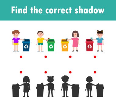 Çocuklar için Gölge Eşleştirme Oyunu, çocuklar için görsel oyun, doğru Gölge 'yi bul, Öğretim Medyası, Noktaları Birleştir, Eğitim arka planda izole edilmiş Vektör Resimleri.