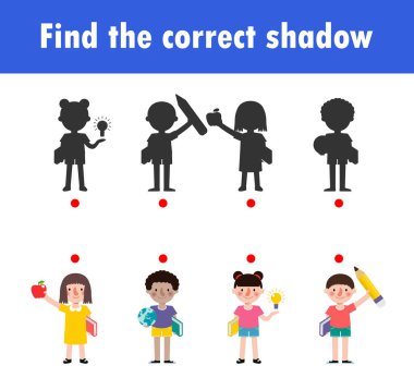 Çocuklar için Gölge Eşleştirme Oyunu, çocuklar için görsel oyun, doğru Gölge 'yi bul, Öğretim Medyası, Noktaları Birleştir, Eğitim arka planda izole edilmiş Vektör Resimleri.