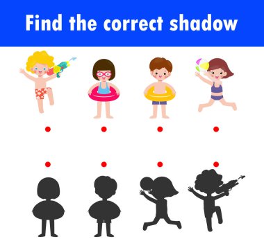 Çocuklar için Gölge Eşleştirme Oyunu, çocuklar için görsel oyun, doğru Gölge 'yi bul, Öğretim Medyası, Noktaları Birleştir, Eğitim arka planda izole edilmiş Vektör Resimleri.