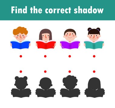 Çocuklar için Gölge Eşleştirme Oyunu, çocuklar için görsel oyun, doğru Gölge 'yi bul, Öğretim Medyası, Noktaları Birleştir, Eğitim arka planda izole edilmiş Vektör Resimleri.