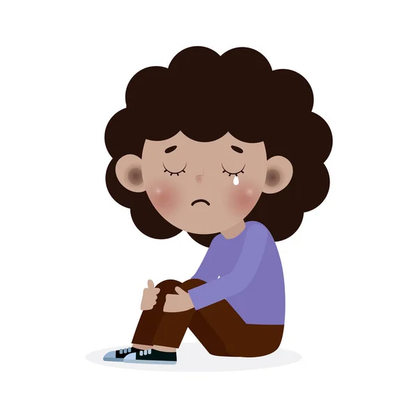 Sad Kid black ,Depressed child african american looking lonely, Sad little kid sitting alone and cry, helpless, bullying isolated on white background vector Illustration