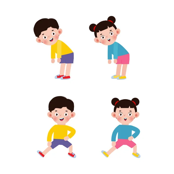 Conjunto Niños Asiáticos Ejercicio Ejercicio Infantil Ejercicio Infantil Niños Felices — Vector de stock