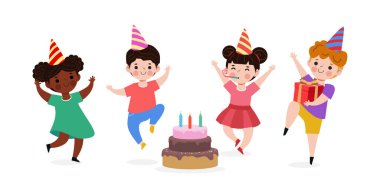 Doğum günü partisinde pasta ve hediye kutusuyla mutlu çocuklar ve beyaz arka plan vektör ilülasyonunda izole edilmiş bir grup arkadaş.
