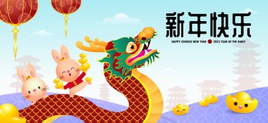 Mutlu Çin Yeni Yılı tavşan 2023, şirin küçük tavşan ejderha dansı yapıyor, gong xi fa cai, tebrik kartı çizimi beyaz arkaplanda izole edilmiş, yeni yıl tercümesi