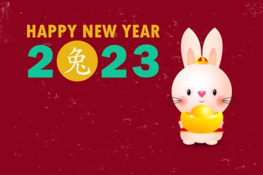 Happy Chinese new year greeting card 2023 cute little rabbit bunny, year of the rabbit zodiac, gong xi fa cai cartoon character isolated vector illustration, Translated Chinese new year clipart