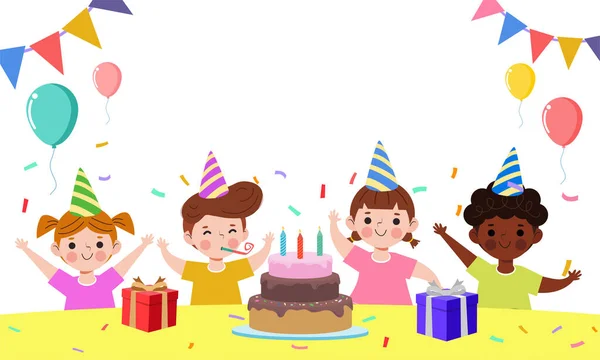 Happy Children Cake Gift Box Balloons Birthday Party Group Friends — Stock Vector