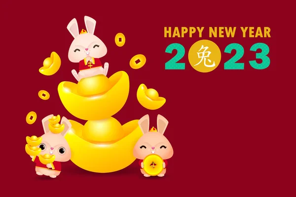 Mutlu Çin yeni yıl tebrik kartı 2023, sevimli küçük tavşan tavşan tavşanı, tavşan burcunun yılı, gong xi fa cai çizgi film karakteri izole edilmiş vektör ilüstrasyonu, çeviri Çin yeni yılı