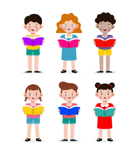 Set Kids Reading Book Children Education Isolated White Background Vector — Archivo Imágenes Vectoriales