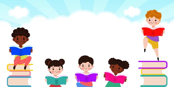 Vissza Iskolába Iskolás Gyerekek Olvasás Könyv Oktatás Koncepció Rajzfilm Boldog — Stock Vector