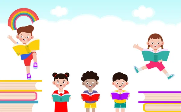 Okul Çocuklarıyla Kitap Eğitimi Konsepti Çizgi Film Mutlu Çocuklar Reklam — Stok Vektör