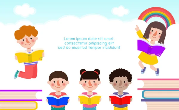 Zurück Zur Schule Mit Schulkindern Lesen Buch Bildungskonzept Cartoon Glückliche — Stockvektor