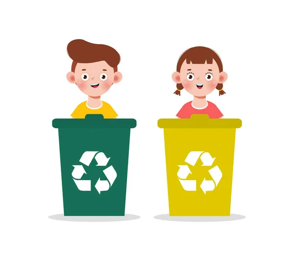 Děti Sbírat Odpadky Pro Recyklaci Děti Třídění Koše Recyklace Smetí — Stockový vektor