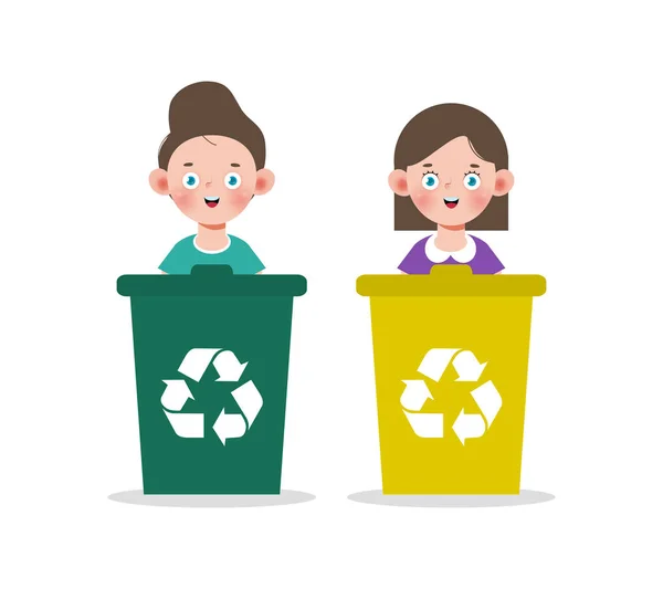 Děti Sbírat Odpadky Pro Recyklaci Děti Třídění Koše Recyklace Smetí — Stockový vektor