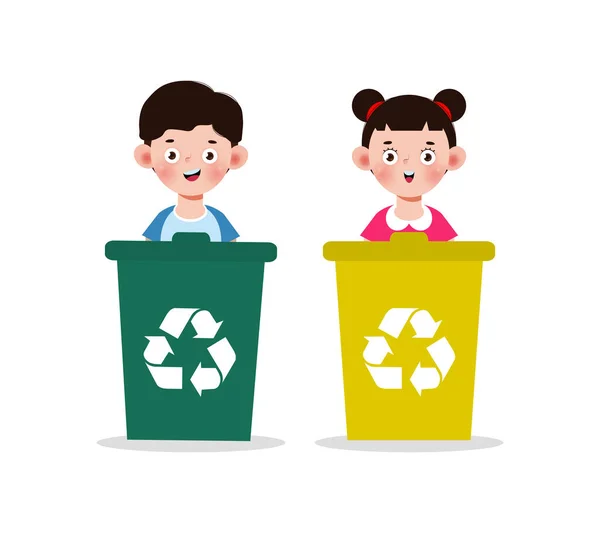 Kids Collect Rubbish Recycling Child Segregating Trash Recycling Trash World — Vector de stock