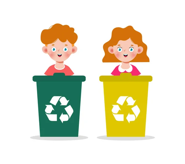 Kids Collect Rubbish Recycling Child Segregating Trash Recycling Trash World — Vector de stock