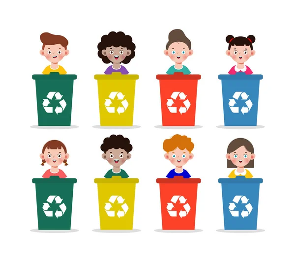 Set Kids Collect Rubbish Recycling Children Segregating Trash Recycling Trash — Vector de stock