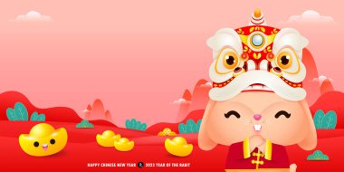 Mutlu Çin yeni yılı 2023 tebrik kartı Çin altınlı şirin tavşan, tavşan burcu yılı, çizgi film karakteri izole vektörü Mutlu yıllar.