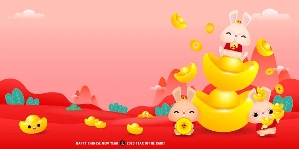 Boldog Kínai Évet 2023 Üdvözlő Kártya Aranyos Nyúl Kínai Arany — Stock Vector