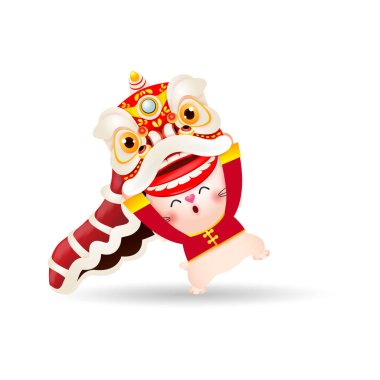 cute Little bunny with lion dance, Happy Chinese new year 2023 greeting card, the year of the rabbit zodiac, gong xi fa cai, calendar, Cartoon isolated white background vector illustration