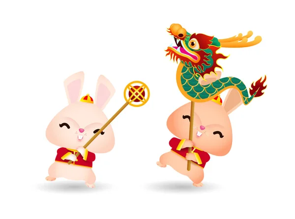 Happy Chinese new year 2023 year of the rabbit, cute Little bunny performs dragon Dance, gong xi fa cai, greeting card  Cartoon vector illustration isolated on white background