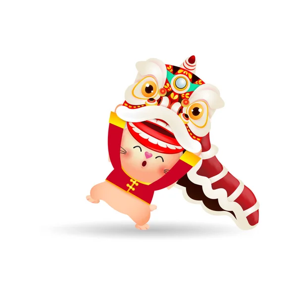 Cute Little Bunny Lion Dance Happy Chinese New Year 2023 — Vector de stock