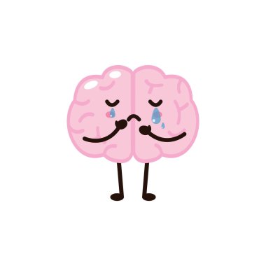 Cute funny human brain character with sad cry , Vector illustration kawaii icon design Isolated on white background