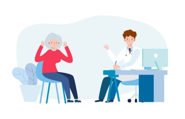 Medicine concept and psychiatrist doctor and old patient. Practitioner doctor and senior woman patient in hospital medical office. Consultation and diagnosis of mental health. Vector illustration flat