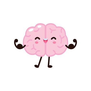 Cute funny human brain character show muscle, Vector illustration kawaii icon design Isolated on white background