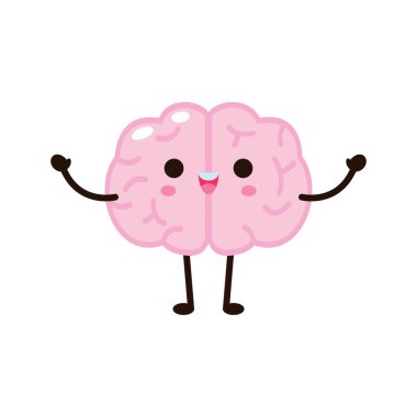 Gülen suratlı sevimli insan beyni karakteri rahatla, vektör illüstrasyon kawaii simgesi tasarımı beyaz arkaplanda izole edilmiş.